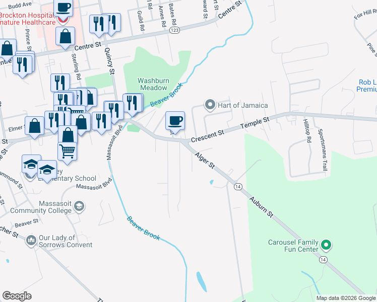 map of restaurants, bars, coffee shops, grocery stores, and more near 22 Bangor Street in Brockton