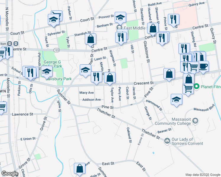 map of restaurants, bars, coffee shops, grocery stores, and more near 19 Taylor Avenue in Brockton