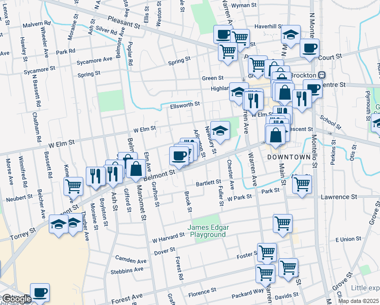 map of restaurants, bars, coffee shops, grocery stores, and more near 27 Wall Street in Brockton