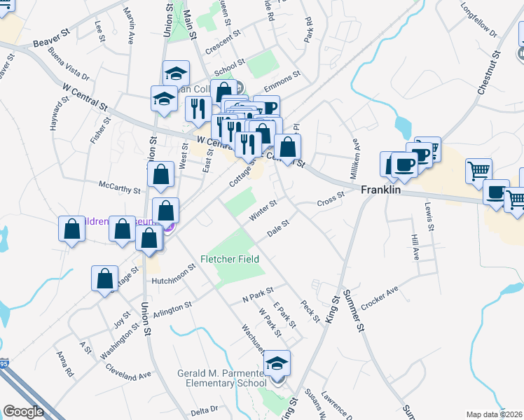 map of restaurants, bars, coffee shops, grocery stores, and more near 48 Winter Street in Franklin