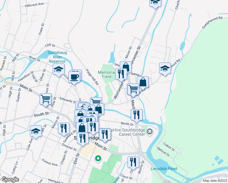 map of restaurants, bars, coffee shops, grocery stores, and more near 38-42 Worcester Street in Southbridge