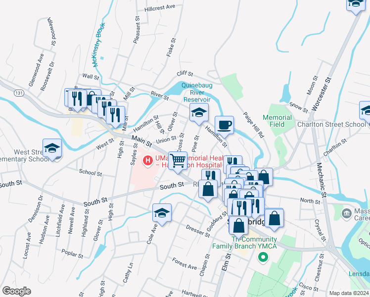 map of restaurants, bars, coffee shops, grocery stores, and more near 99 Cross Street in Southbridge