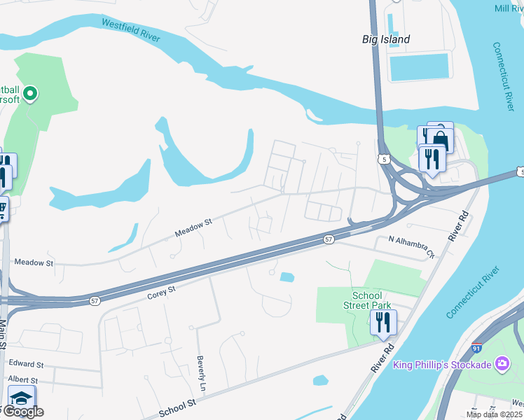 map of restaurants, bars, coffee shops, grocery stores, and more near 338 Meadow Street in Agawam