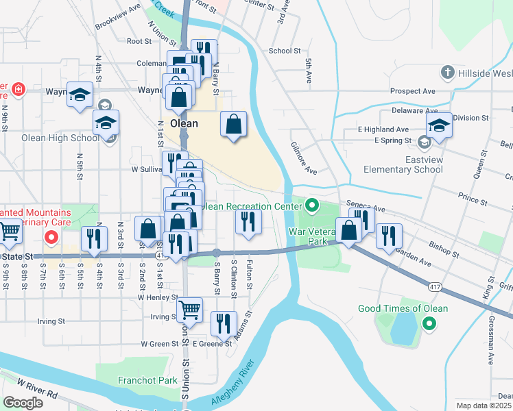 map of restaurants, bars, coffee shops, grocery stores, and more near 310 Tompkins Street in Olean