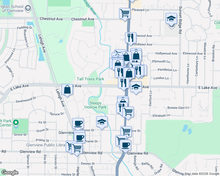map of restaurants, bars, coffee shops, grocery stores, and more near 1343 Sleepy Hollow Road in Glenview