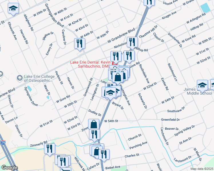 map of restaurants, bars, coffee shops, grocery stores, and more near 5105 Richmond St in Erie