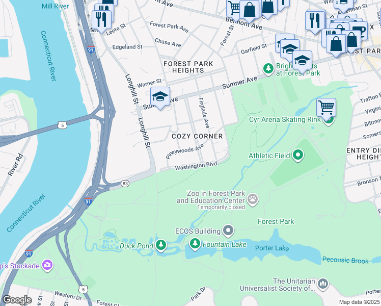 map of restaurants, bars, coffee shops, grocery stores, and more near 81 Pineywoods Avenue in Springfield