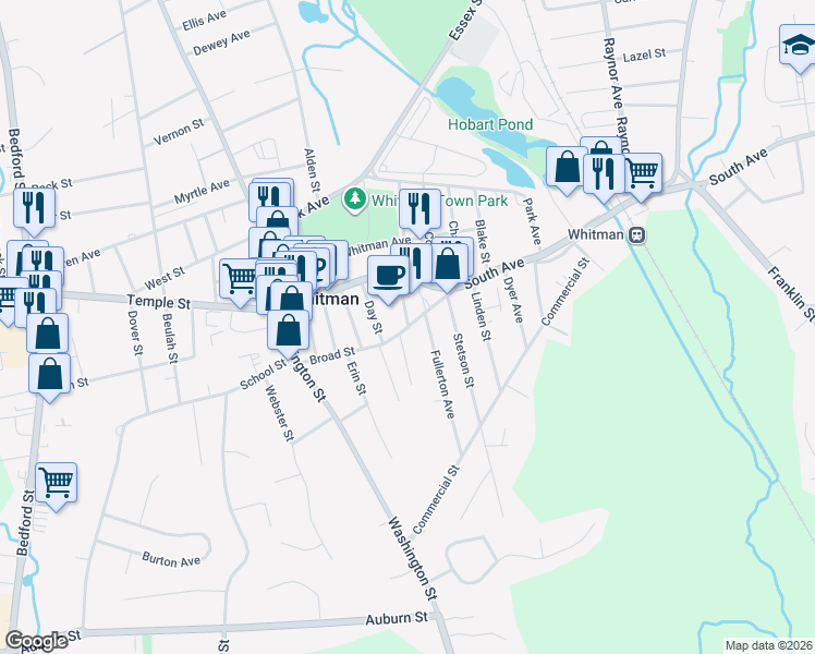 map of restaurants, bars, coffee shops, grocery stores, and more near 4 Marble Street in Whitman
