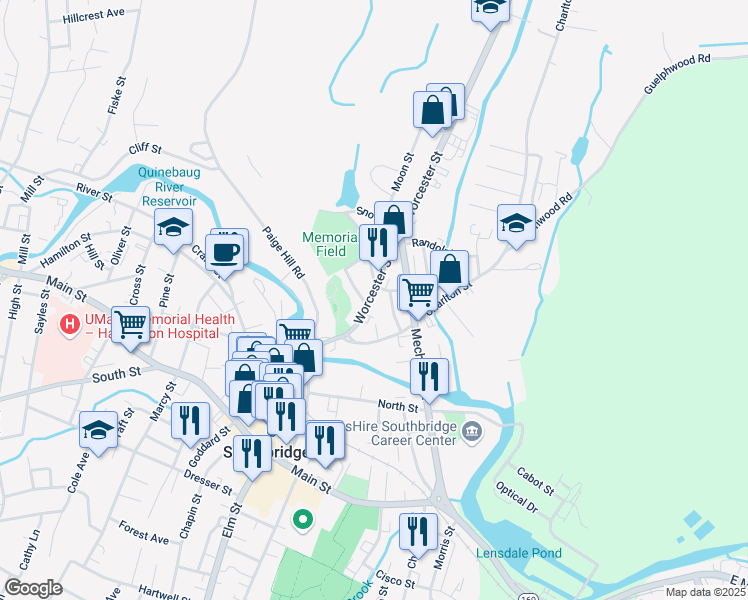 map of restaurants, bars, coffee shops, grocery stores, and more near 27 Thomas Street in Southbridge