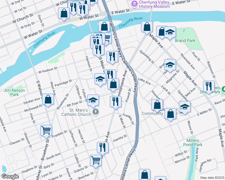 map of restaurants, bars, coffee shops, grocery stores, and more near 379 South Main Street in Elmira