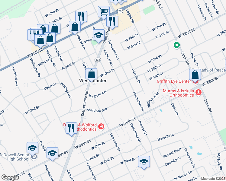 map of restaurants, bars, coffee shops, grocery stores, and more near 3101 Bradford Avenue in Erie