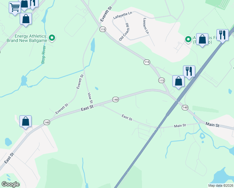 map of restaurants, bars, coffee shops, grocery stores, and more near 65 Foxboro Road in Wrentham