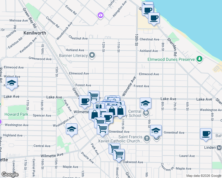 map of restaurants, bars, coffee shops, grocery stores, and more near 1119 Forest Avenue in Wilmette