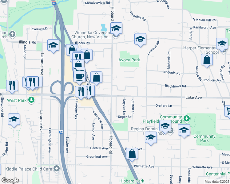map of restaurants, bars, coffee shops, grocery stores, and more near 3031 Indianwood Road in Wilmette