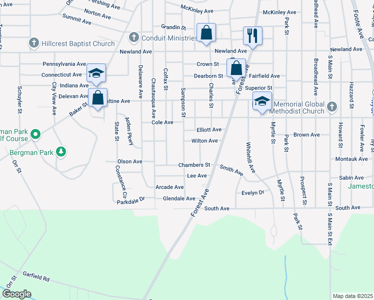 map of restaurants, bars, coffee shops, grocery stores, and more near 14 Mission Street in Jamestown