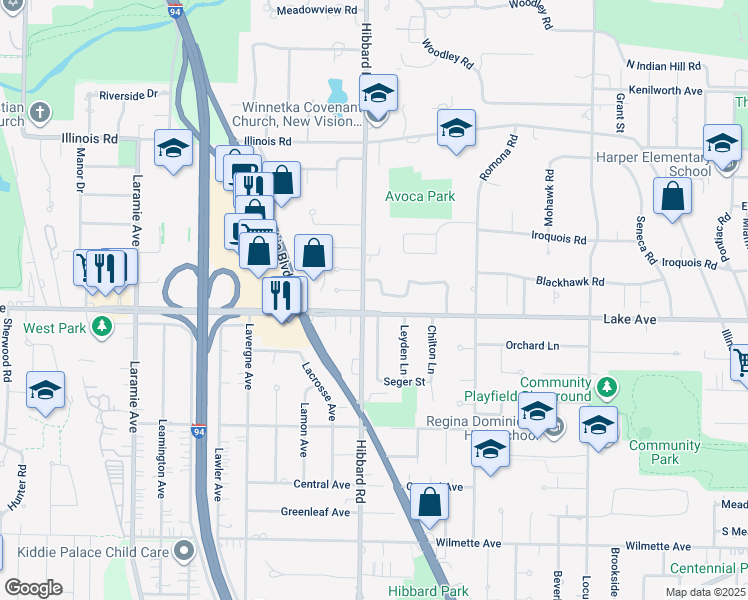 map of restaurants, bars, coffee shops, grocery stores, and more near 3031 Indianwood Road in Wilmette