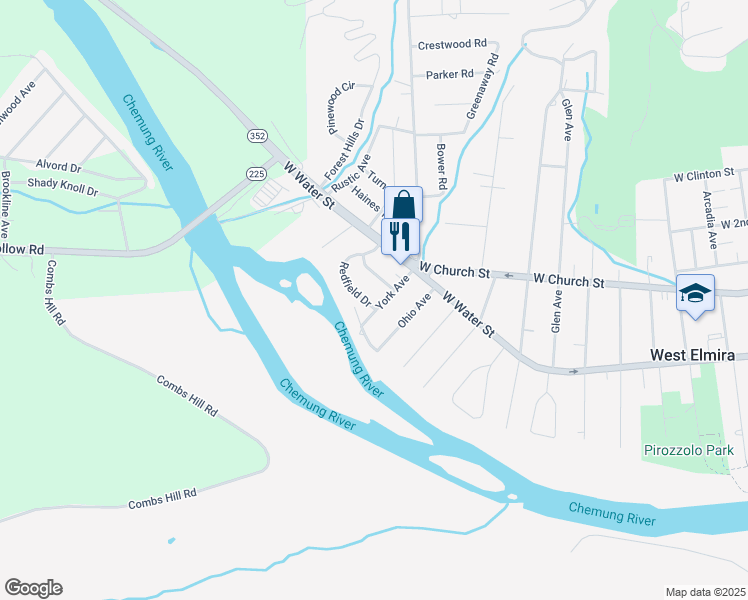 map of restaurants, bars, coffee shops, grocery stores, and more near 80 York Avenue in Elmira