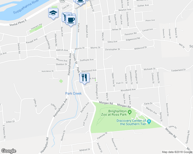 map of restaurants, bars, coffee shops, grocery stores, and more near 170 South Washington Street in Binghamton