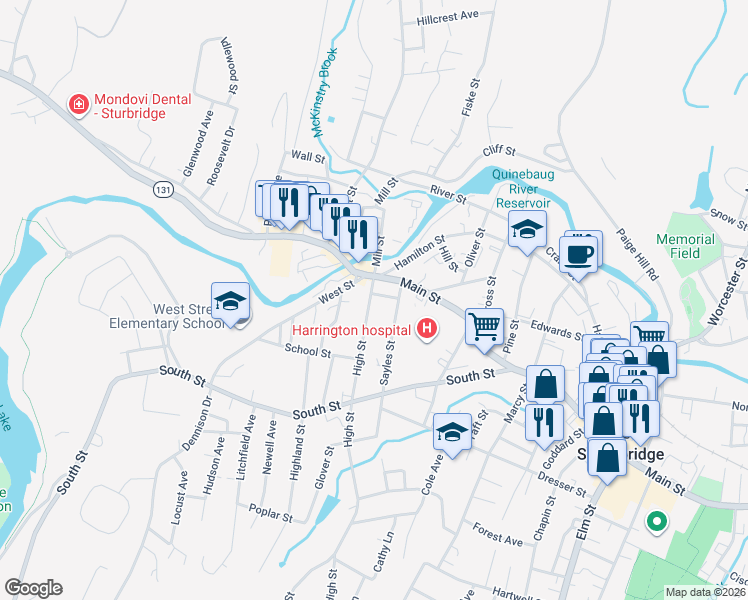 map of restaurants, bars, coffee shops, grocery stores, and more near 42 High Street in Southbridge