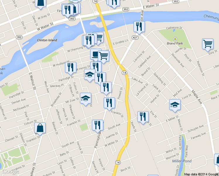map of restaurants, bars, coffee shops, grocery stores, and more near 380 Pennsylvania Avenue in Elmira