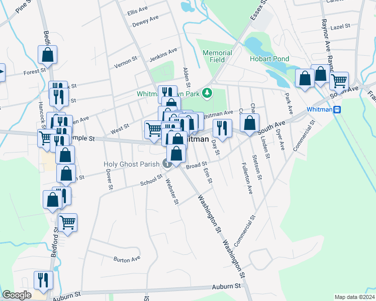 map of restaurants, bars, coffee shops, grocery stores, and more near in Whitman