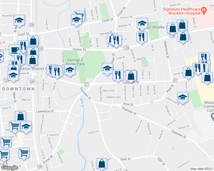 map of restaurants, bars, coffee shops, grocery stores, and more near in Brockton