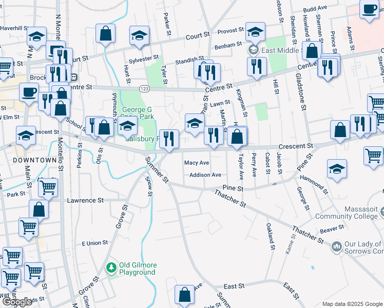 map of restaurants, bars, coffee shops, grocery stores, and more near in Brockton