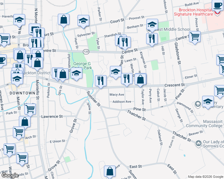 map of restaurants, bars, coffee shops, grocery stores, and more near 16 Sprague Avenue in Brockton