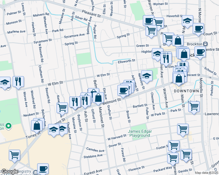 map of restaurants, bars, coffee shops, grocery stores, and more near 54 Elm Avenue in Brockton