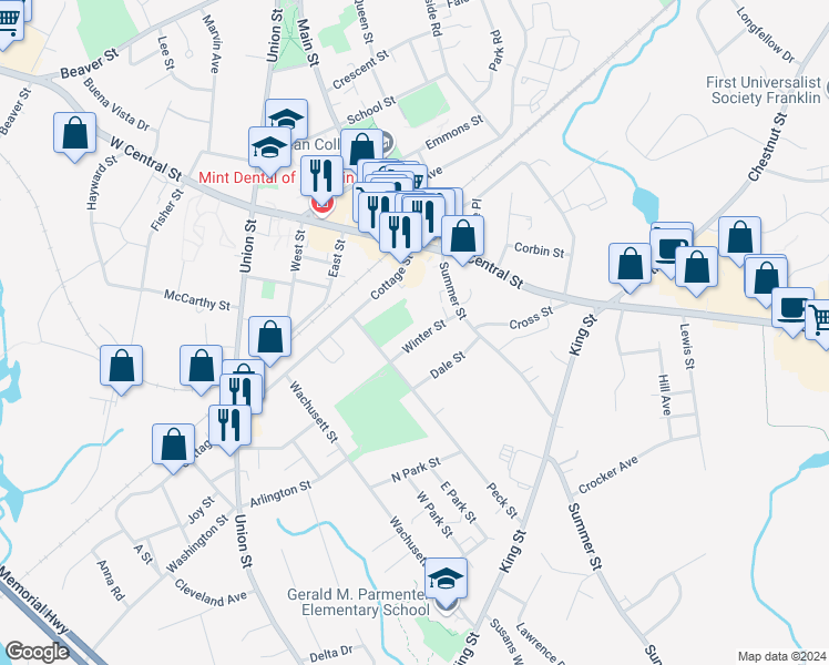map of restaurants, bars, coffee shops, grocery stores, and more near 48 Winter Street in Franklin