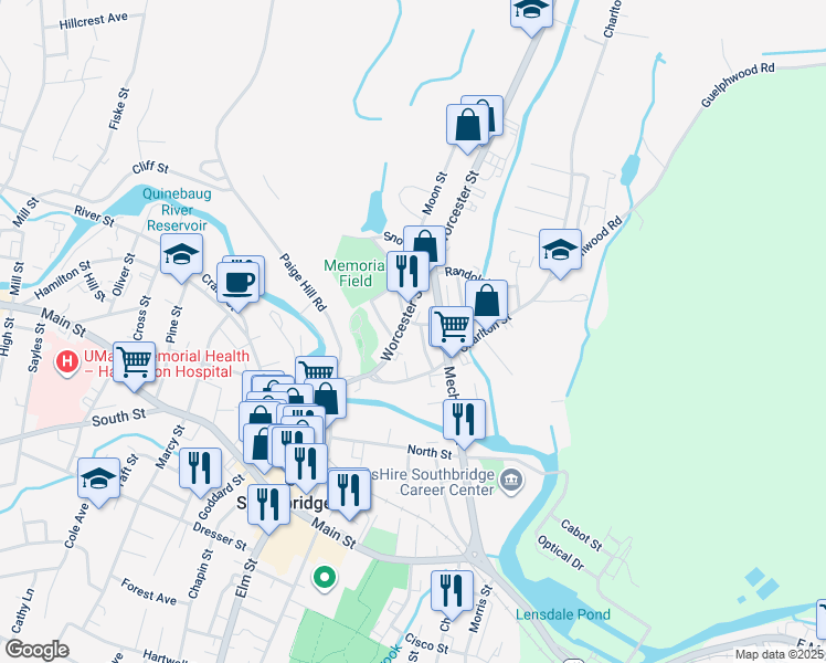 map of restaurants, bars, coffee shops, grocery stores, and more near 27 Thomas Street in Southbridge