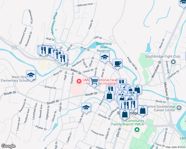 map of restaurants, bars, coffee shops, grocery stores, and more near 99 Cross Street in Southbridge