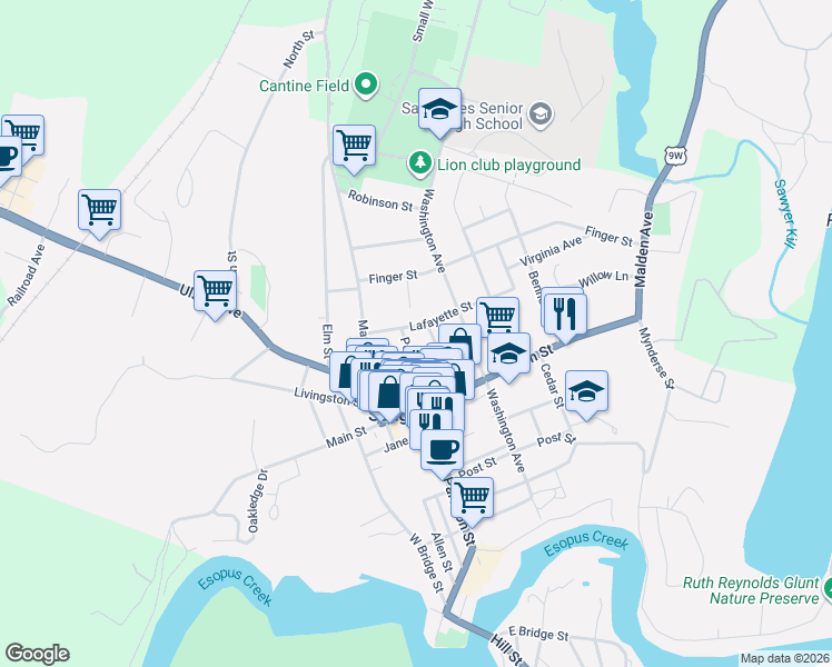 map of restaurants, bars, coffee shops, grocery stores, and more near 15 Partition Street in Saugerties