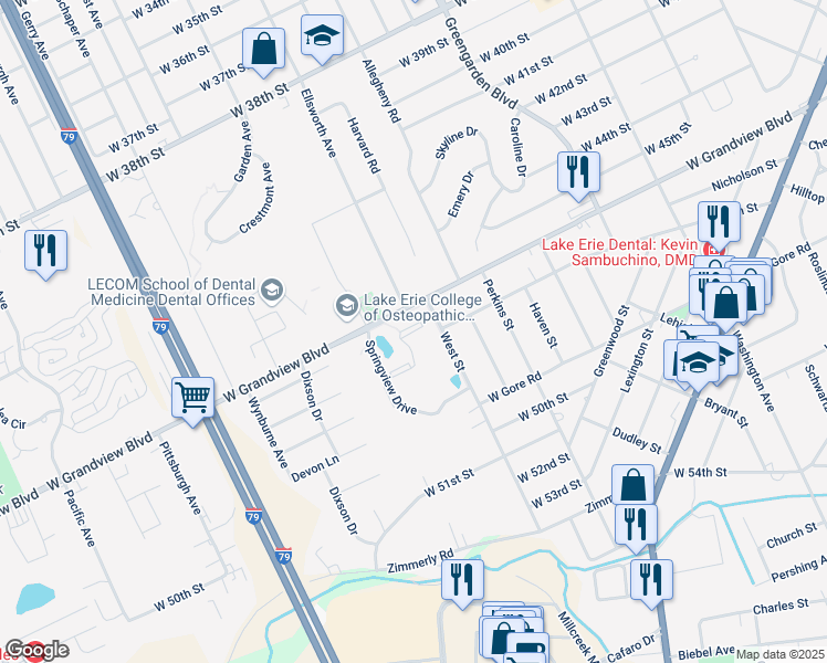 map of restaurants, bars, coffee shops, grocery stores, and more near 4615 Meadowview Drive in Erie