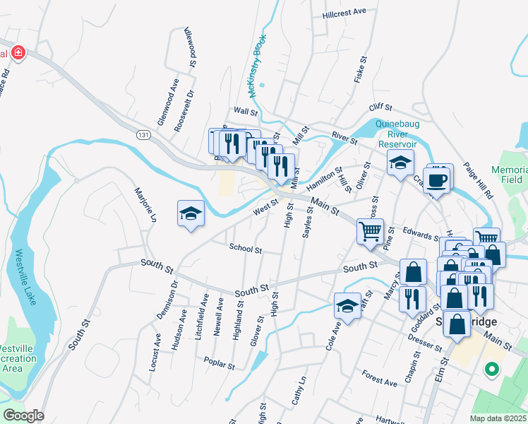 map of restaurants, bars, coffee shops, grocery stores, and more near 45 West Street in Southbridge