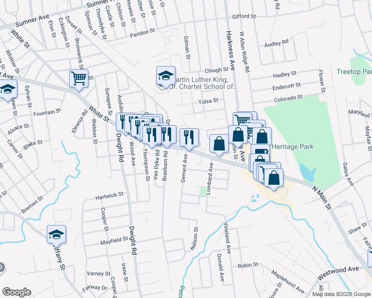 map of restaurants, bars, coffee shops, grocery stores, and more near North Main Street & Gerrard Avenue in East Longmeadow