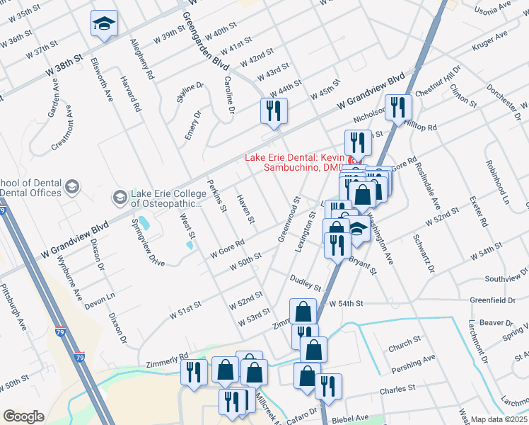 map of restaurants, bars, coffee shops, grocery stores, and more near 1720 W Gore Rd in Erie