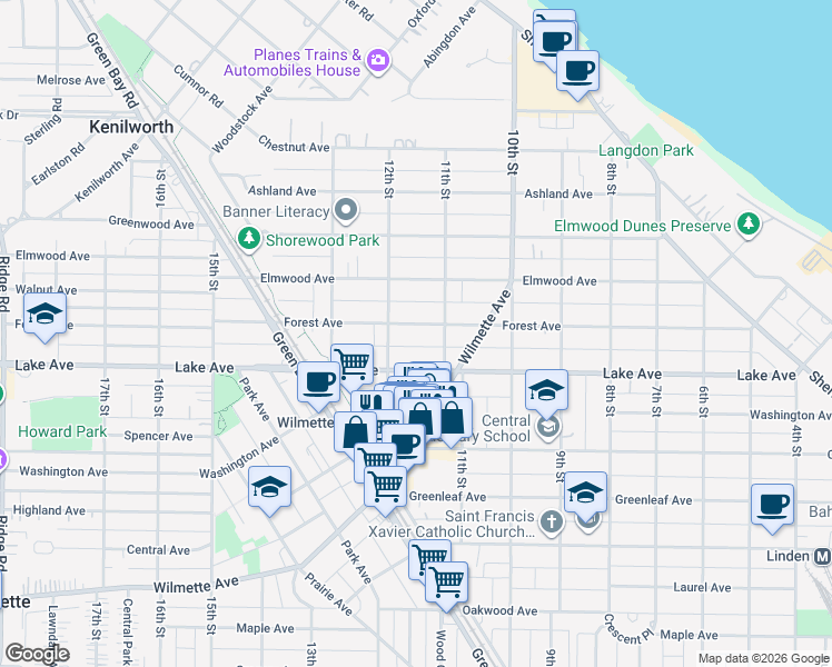 map of restaurants, bars, coffee shops, grocery stores, and more near 1119 Forest Avenue in Wilmette