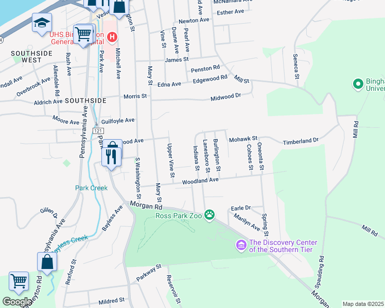 map of restaurants, bars, coffee shops, grocery stores, and more near 18 Indiana Street in Binghamton