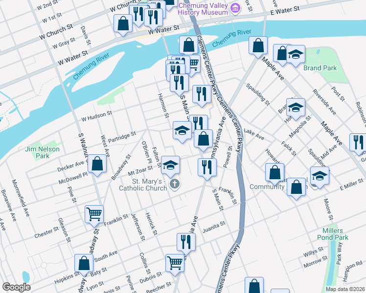 map of restaurants, bars, coffee shops, grocery stores, and more near 210 Mount Zoar Street in Elmira
