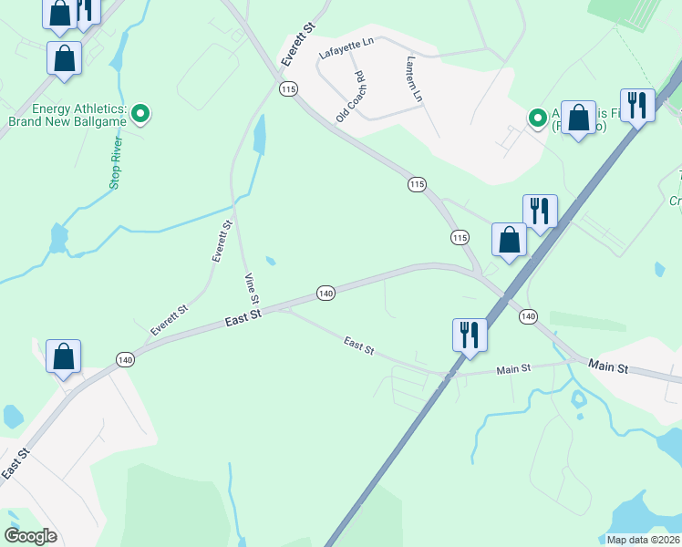 map of restaurants, bars, coffee shops, grocery stores, and more near 65 Foxboro Road in Wrentham