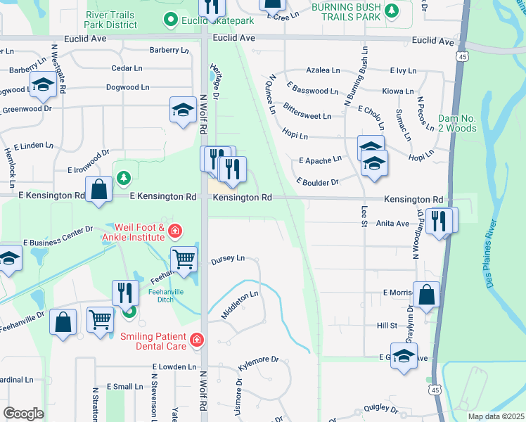 map of restaurants, bars, coffee shops, grocery stores, and more near 1703-1751 East Kensington Road in Mount Prospect