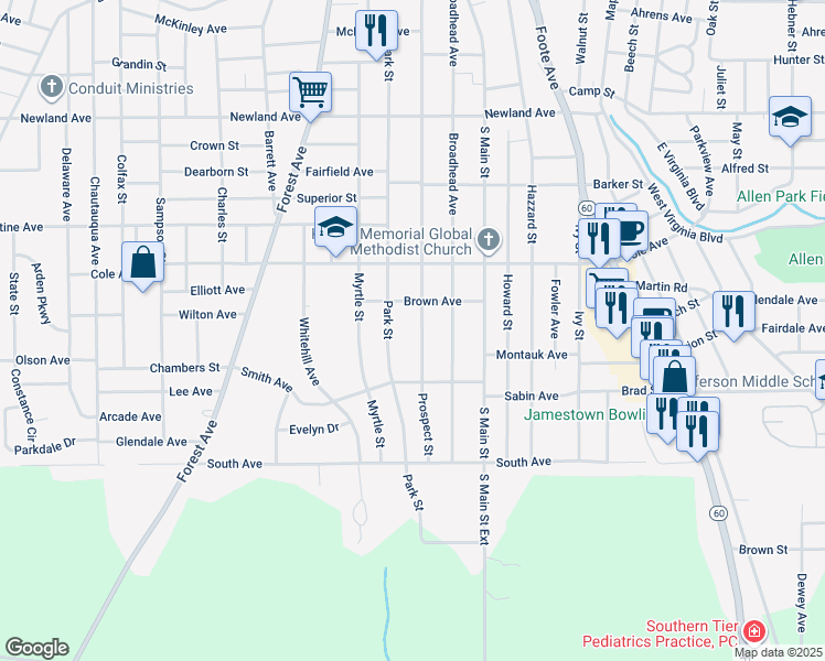 map of restaurants, bars, coffee shops, grocery stores, and more near 530 Prospect Street in Jamestown
