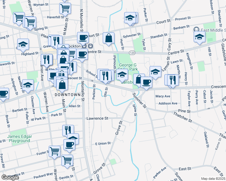 map of restaurants, bars, coffee shops, grocery stores, and more near 211 Crescent Street in Brockton