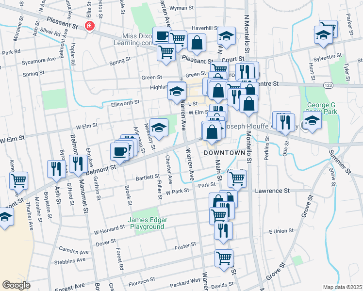 map of restaurants, bars, coffee shops, grocery stores, and more near 90 Belmont Street in Brockton