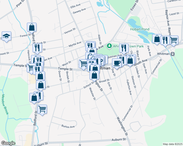 map of restaurants, bars, coffee shops, grocery stores, and more near 22 Legion Parkway in Whitman