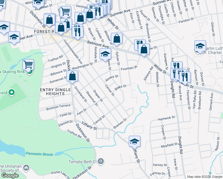map of restaurants, bars, coffee shops, grocery stores, and more near 293 Commonwealth Avenue in Springfield