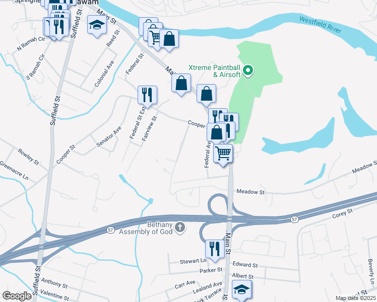 map of restaurants, bars, coffee shops, grocery stores, and more near 55 Cooper Street in Agawam