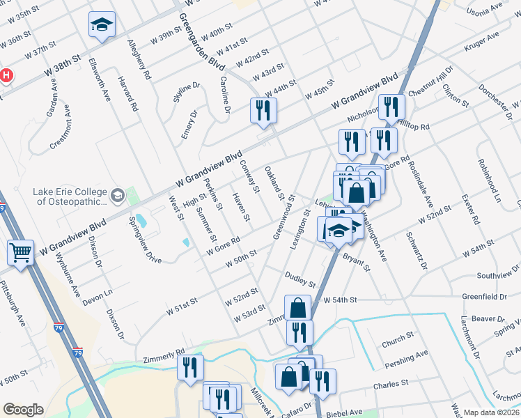 map of restaurants, bars, coffee shops, grocery stores, and more near 1720 W Gore Rd in Erie