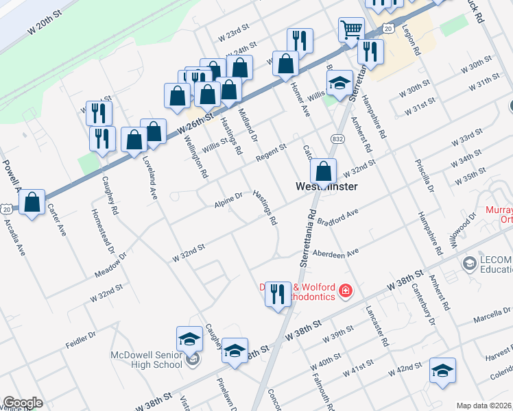 map of restaurants, bars, coffee shops, grocery stores, and more near 3300-3330 W 32nd St in Erie